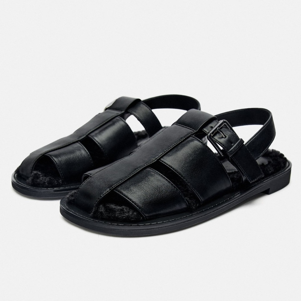 Zara Black FAUX FUR LINED CAGE SANDALS. Size 9/40